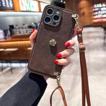 Vintage brown leather camellia case suitable for Apple 16 Pro Max, iPhone 17 crossbody 15 protective cover