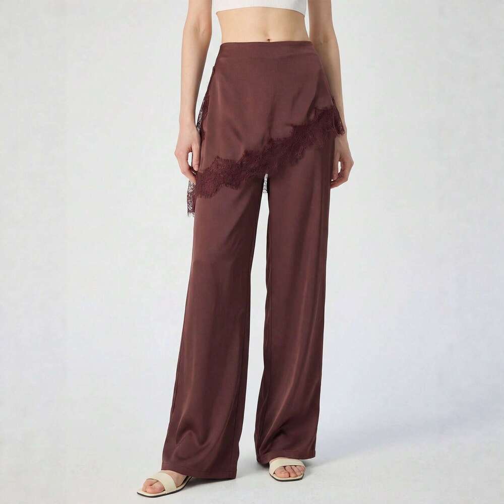 Cross-Border Women's Fashion European American High-Waisted Wide-Leg With Lace Splicing, Loose And Drapey Casual Trousers, New Spring Versatile P
