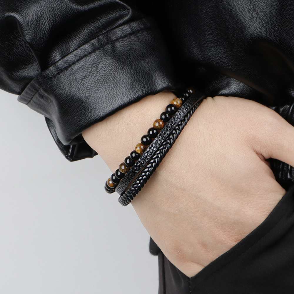Simple hand woven leather natural Tiger Eye Stone Bracelet volcanic stone beads mens 260122