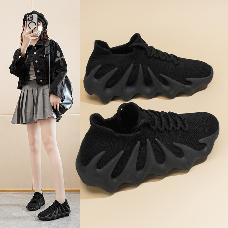Womens All Black Breathable Knit Running Shoes With Unique Sole