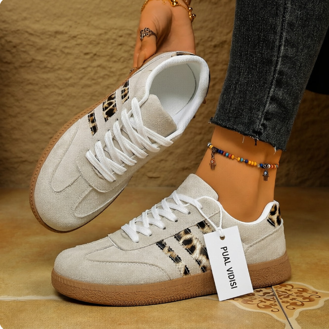 Women's Beige Suede Sneakers With Leopard Print Stripes And Gum Sole