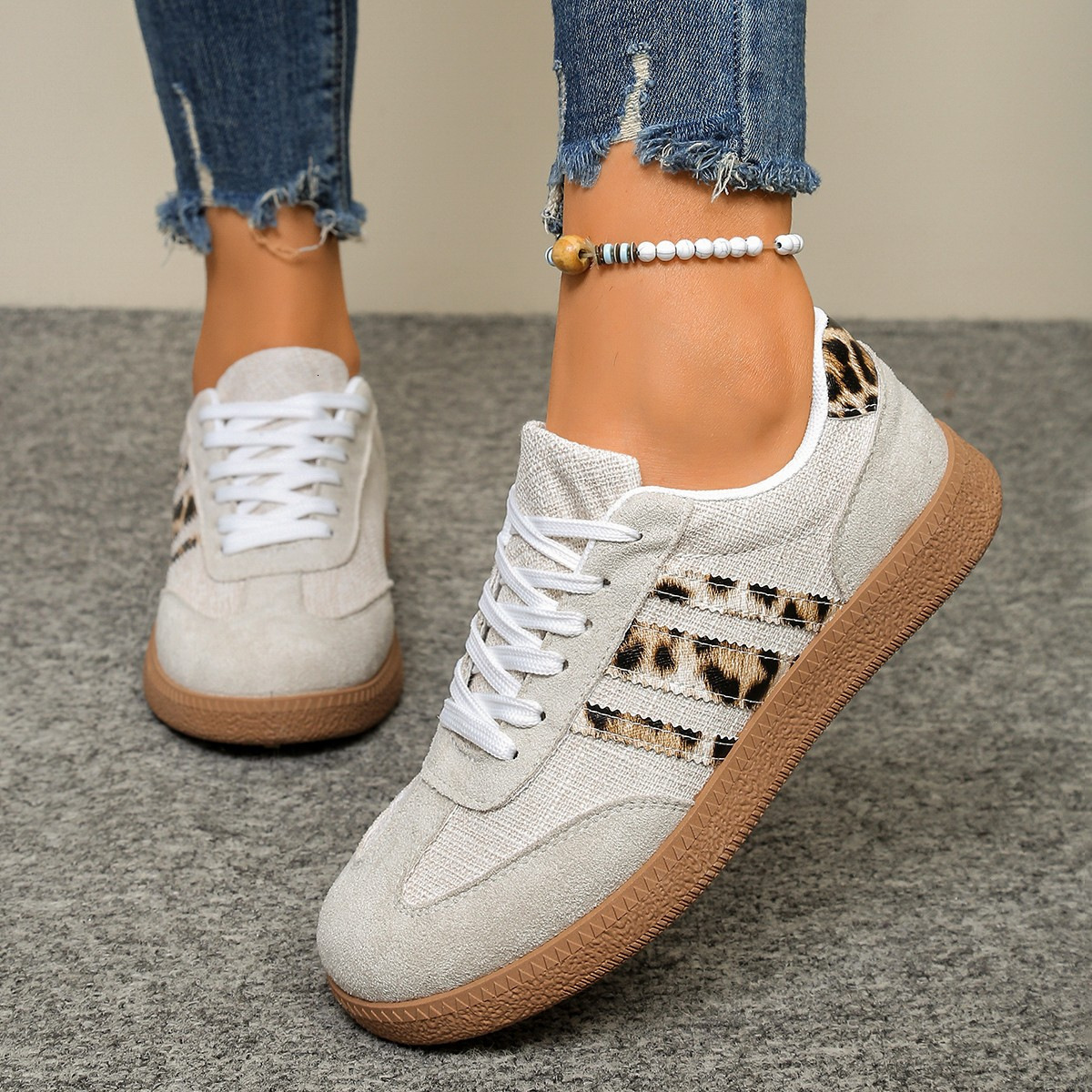 Women's Beige Suede Sneakers With Leopard Print Stripes And Gum Sole