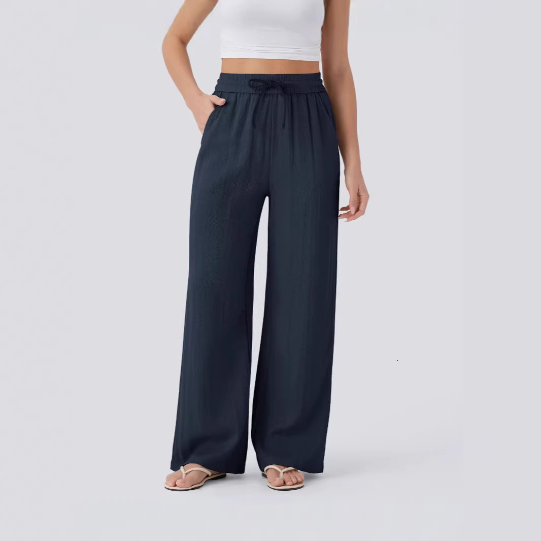 2026 Women High Waist Linen Pants, Drawstring Side Pocket Elastic Waist Flowy Wide Leg Beach Casual Trousers