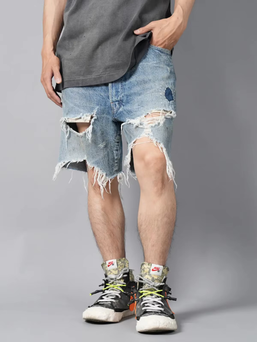 MIJKO Patched Distressed Unisex Frayed Blue Jeans Shorts ZJ148