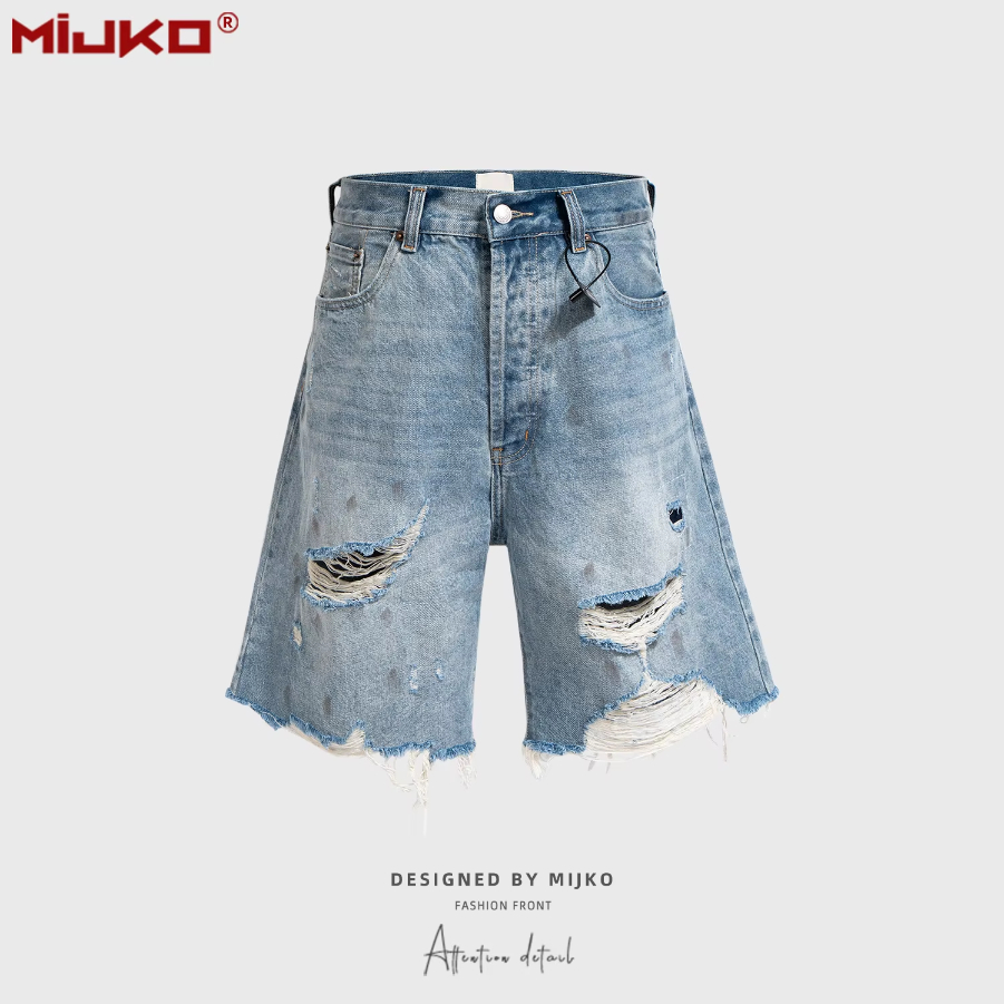 MIJKO Patched Distressed Unisex Frayed Blue Jeans Shorts ZJ148