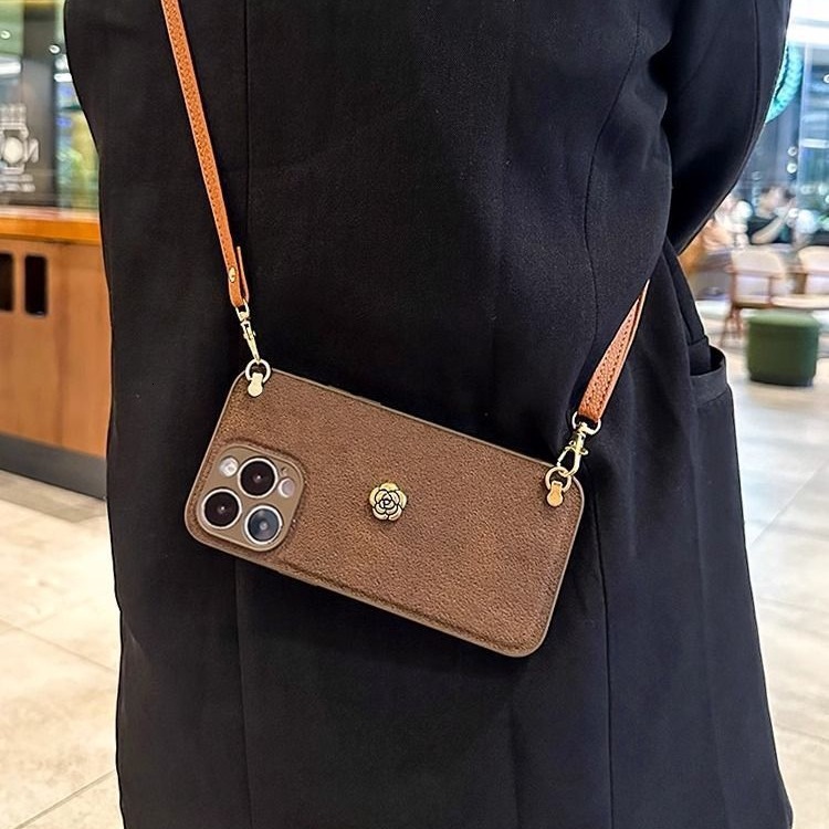 Vintage brown leather camellia case suitable for Apple 16 Pro Max, iPhone 17 crossbody 15 protective cover