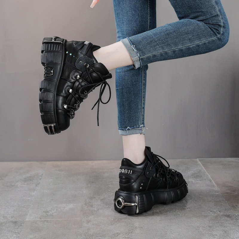 New 2026 NEW Style Women Lace-Up Heel Height 6Cm Platform Shoes Gothic Ankle Rock Boots Metal Decor Woman Sneakers 36-45