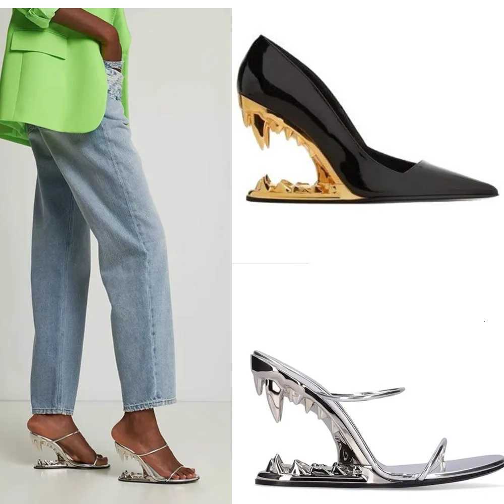 2026 Summer New Metal Tiger Teeth Single Shoes High Heels Fashion Show Womens Wear Size 44 Womens Sandals H260506