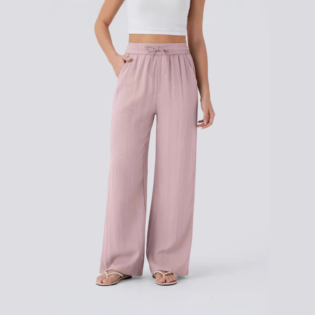 2026 Women High Waist Linen Pants, Drawstring Side Pocket Elastic Waist Flowy Wide Leg Beach Casual Trousers