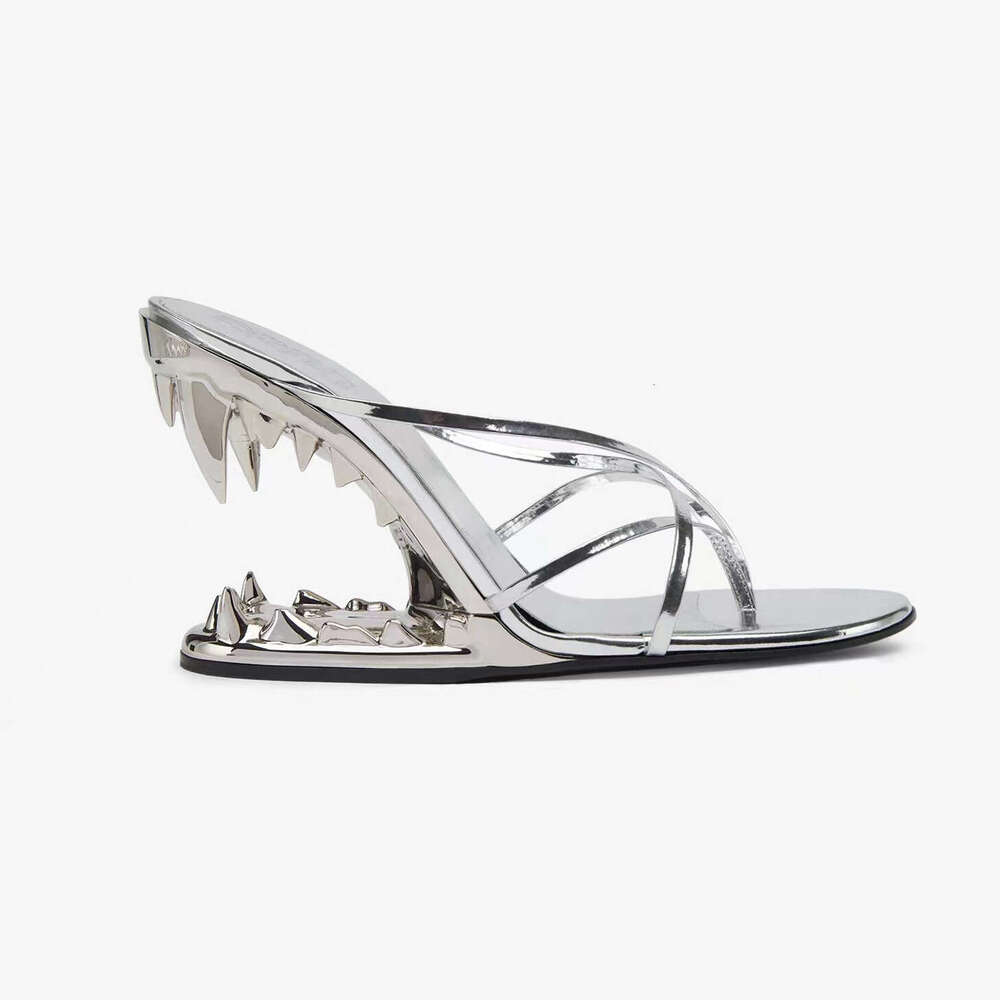 Spring 2026 New European And American Fashion Show Tooth-Shaped Irregular Women's High Heel Slippers Catwalk Style Wedge Cross