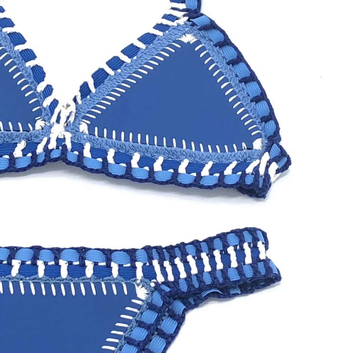 Women Sexy Swimsuit Blue Neoprene Crochet Elastic Bikini Sets Back Buckle Tankini Yellow Swimwear X260507