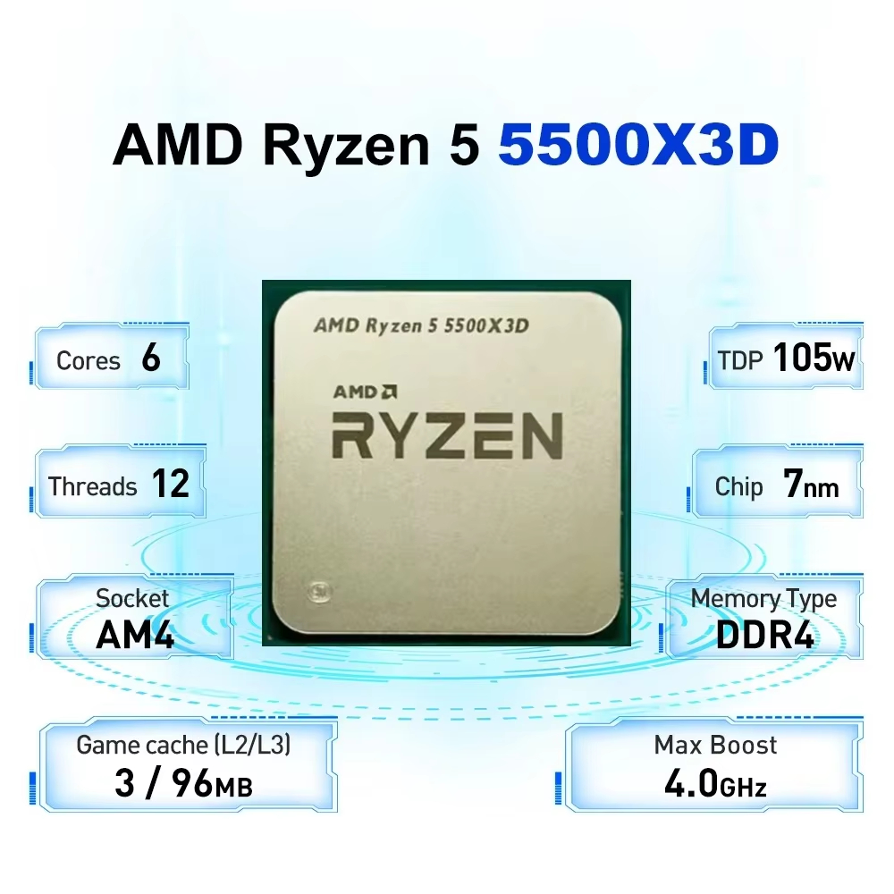 AMD Ryzen 5 5500X3D 6-Core, 12-Thread Desktop Processor - 3D V-Cache Tech, Up to 4.2 GHz, Socket AM4 - High-Performance Gaming