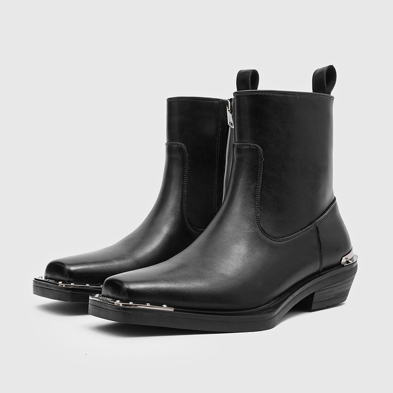 Men Black Leather Ankle Boots With Metal Toe Cap And Cuban Heel Daily Outfit - view 6