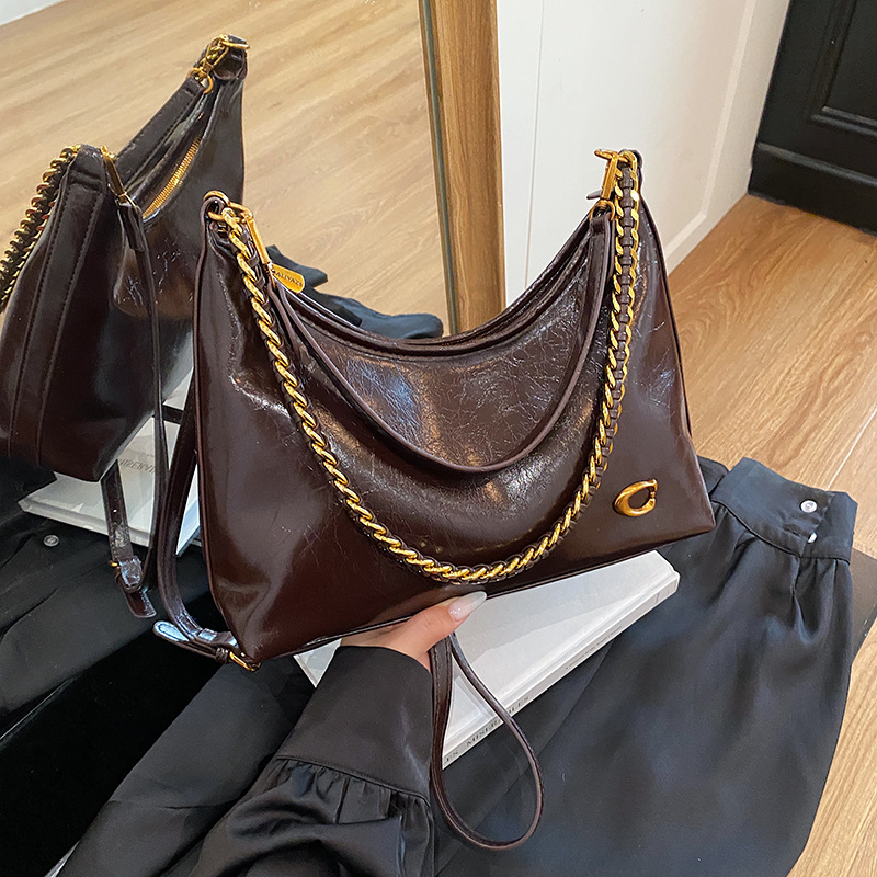 free shipping designer bag 2026 Summer Women's French Waxed Leather Bucket Bag, Large Capacity Underarm Shoulder Crossbody Purse