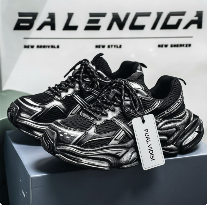 Mens Black Silver Chunky Dad Sneakers With Distressed Finish