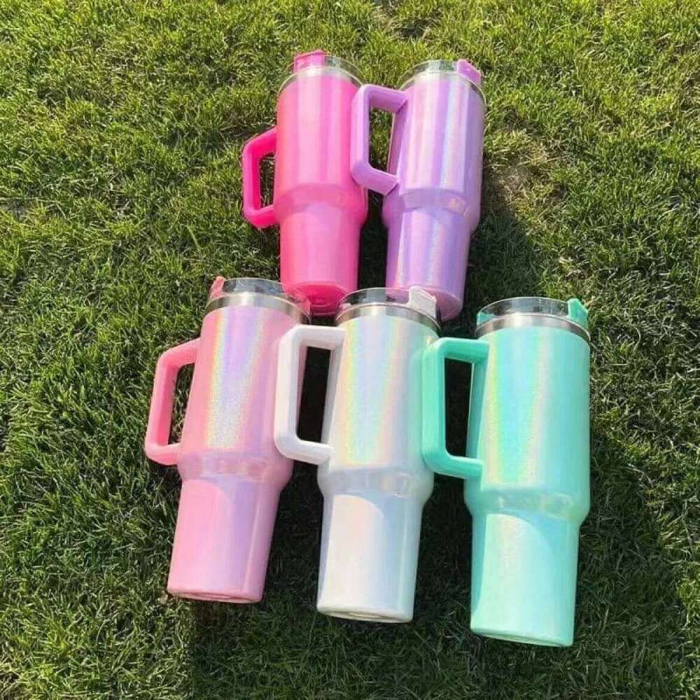 40oz Glitter Shimmer Holographic Tumbler Insulated Mug with Handle for Car Blank Sublimation Rainbow Cup 26L0507 - view 4