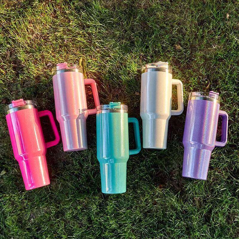 40oz Glitter Shimmer Holographic Tumbler Insulated Mug with Handle for Car Blank Sublimation Rainbow Cup 26L0507 - view 3