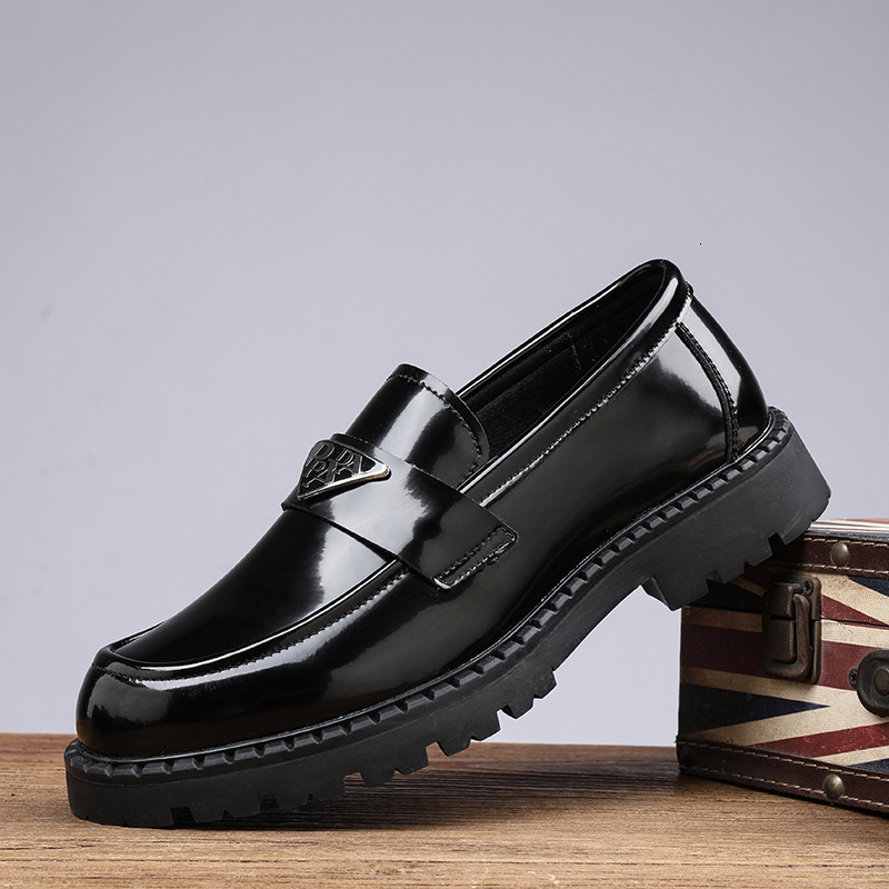 Mens Black Patent Leather Loafers With Triangle Logo Breathable And Chunky Sole