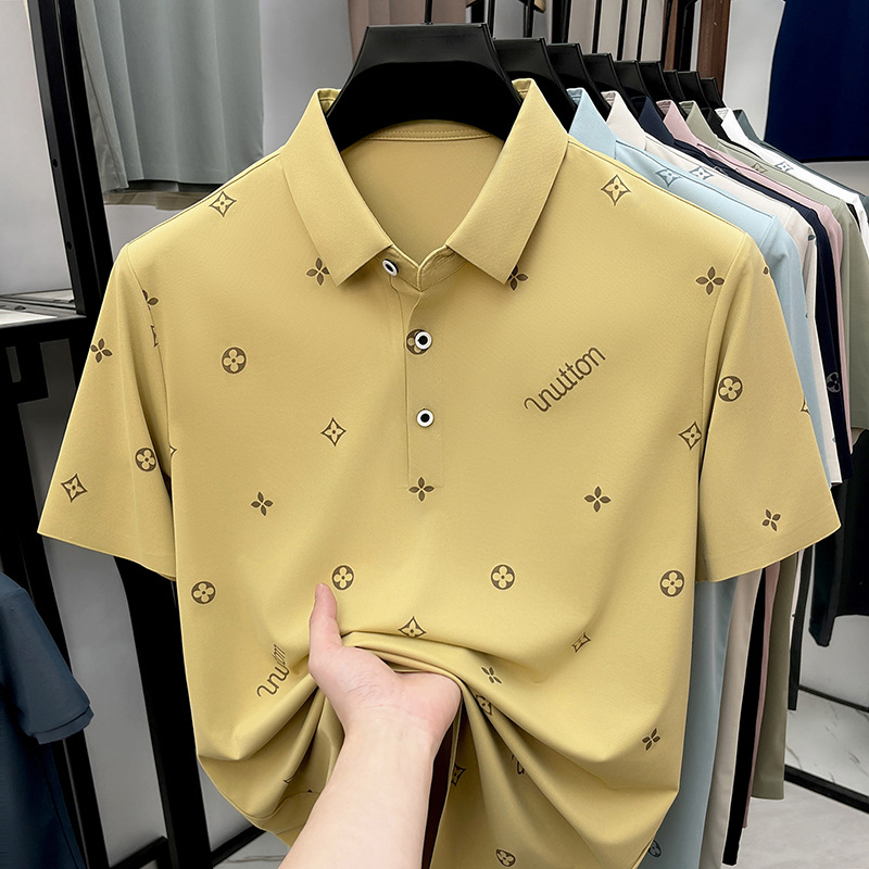 Men's Polo Summer Seamless Ice Silk Short-sleeved Men's Polo Shirt with Turn-down Collar Casual Print Wrinkle free Top T-shirt