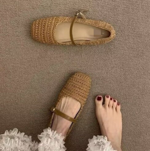 Braided Flat Ballet Shoes Square Toe Mary Jane Shoe Women Comfy Breathable Summer Casual Retro Skeleton Balleting Shoes 240921
