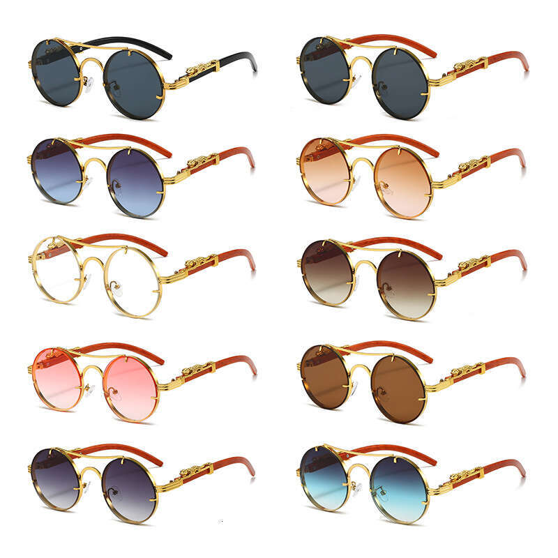 Luxury Brand Designer Sunglasses European And American Retro Double-Bridge Round-Frame A Unique High-End Feel, Men's Fashion Sunglasses With Wood