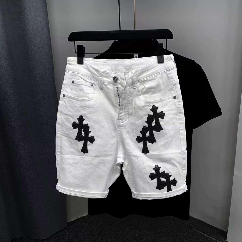 Designer 2026 Luxury Summer Trendy Brand Cross-pattern Leather Patchwork Denim For Young Men, New Slim Straight Elastic 5-point Shorts Free Shipping