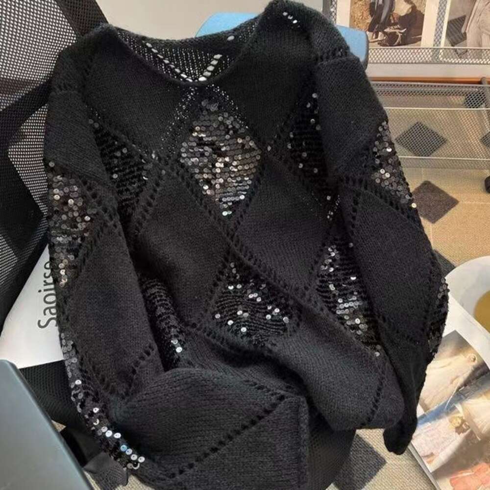 Women's New Hollow-Out Knit Sequins, Loose And Casual Style, Thin Sweater With Spliced Long Sleeves, Trendy Top - view 4