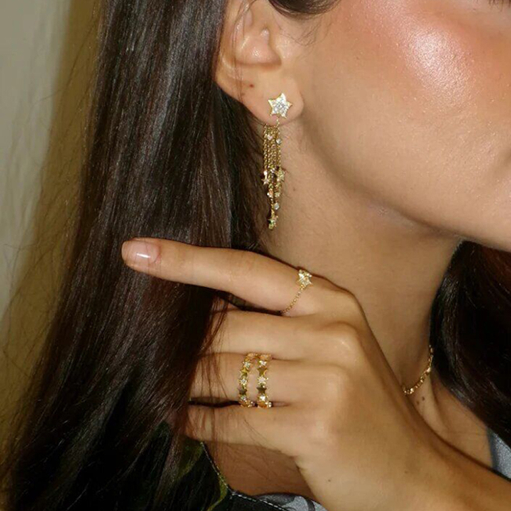 2026 New Arrivals Long Link Chain Tassels Dangle Star Earring Sparking Clear CZ Cubic Zirconia For Women Charm Wedding Jewelry