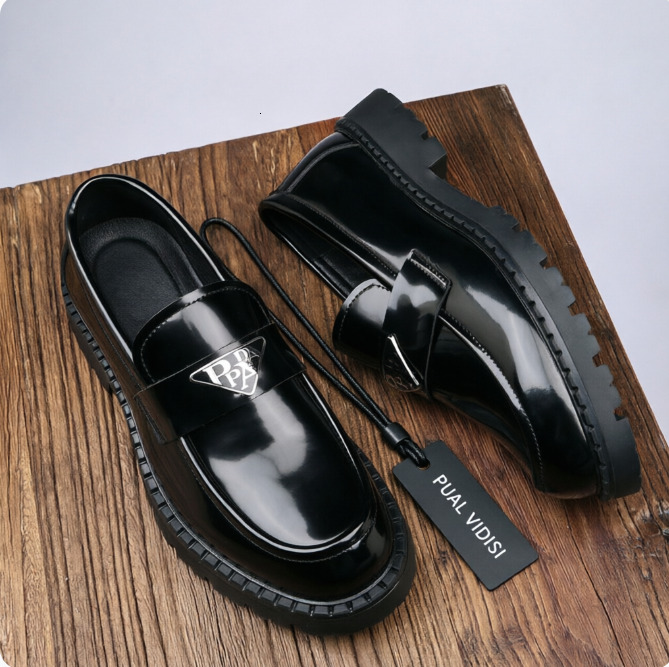 Mens Black Patent Leather Loafers With Triangle Logo Breathable And Chunky Sole