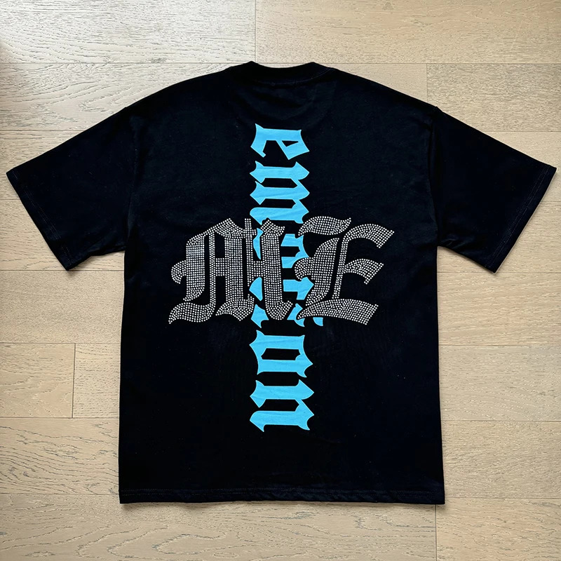 Mixed Emotion Embroidery Rhinestone American Streetwear Trendy Couple Angel Print Diamond Top Tee Men Clothing 260507