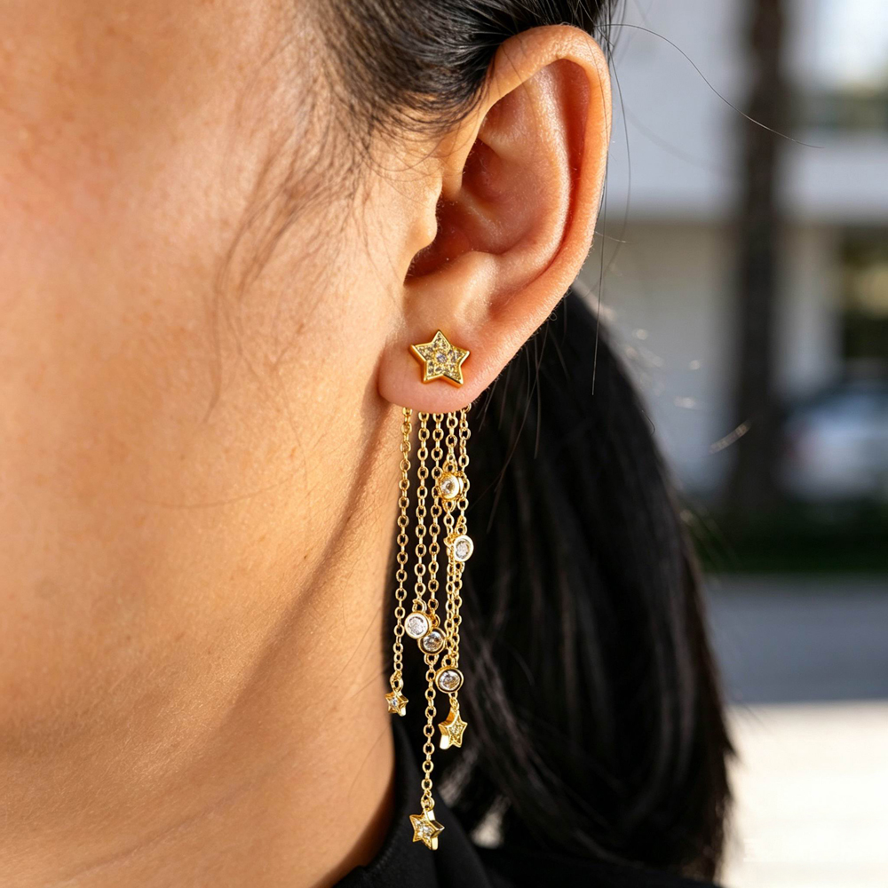 2026 New Arrivals Long Link Chain Tassels Dangle Star Earring Sparking Clear CZ Cubic Zirconia For Women Charm Wedding Jewelry