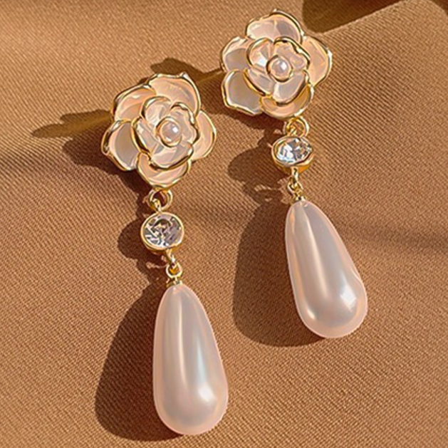 Earrings Jewelry Jewellery Korean Influencer Minimalist Camellia Pearl Earrings Women Cool Niche Vintage S925 Sterling Silver Post Earrings Elegant Gif