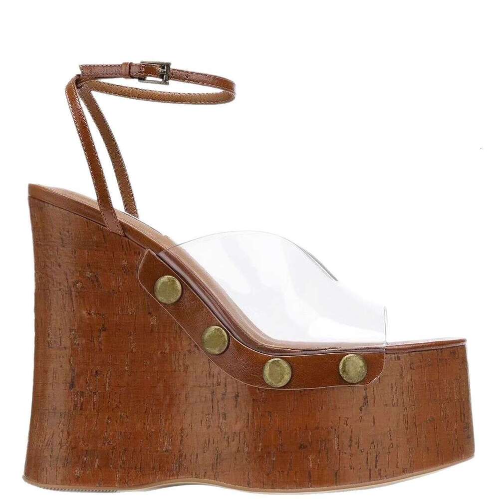 High Heel For Women New Model Export Thick Sole Wood Grain Waterproof Platform Metal Stud Buckle Sandals