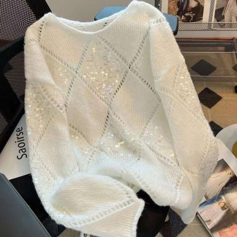 Women's New Hollow-Out Knit Sequins, Loose And Casual Style, Thin Sweater With Spliced Long Sleeves, Trendy Top - view 3