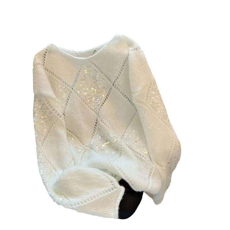 Women's New Hollow-Out Knit Sequins, Loose And Casual Style, Thin Sweater With Spliced Long Sleeves, Trendy Top - view 6