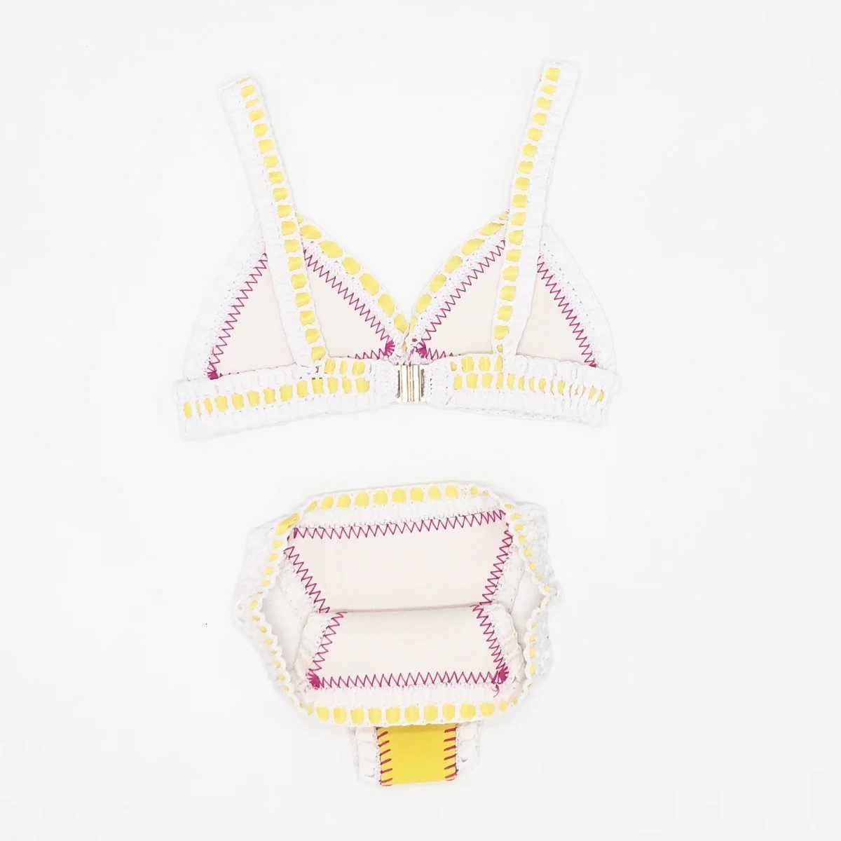 Women Sexy Swimsuit Blue Neoprene Crochet Elastic Bikini Sets Back Buckle Tankini Yellow Swimwear X260507