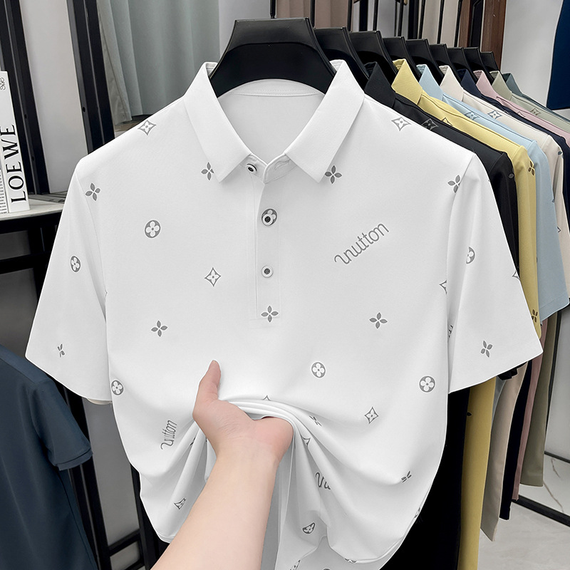 Men's Polo Summer Seamless Ice Silk Short-sleeved Men's Polo Shirt with Turn-down Collar Casual Print Wrinkle free Top T-shirt