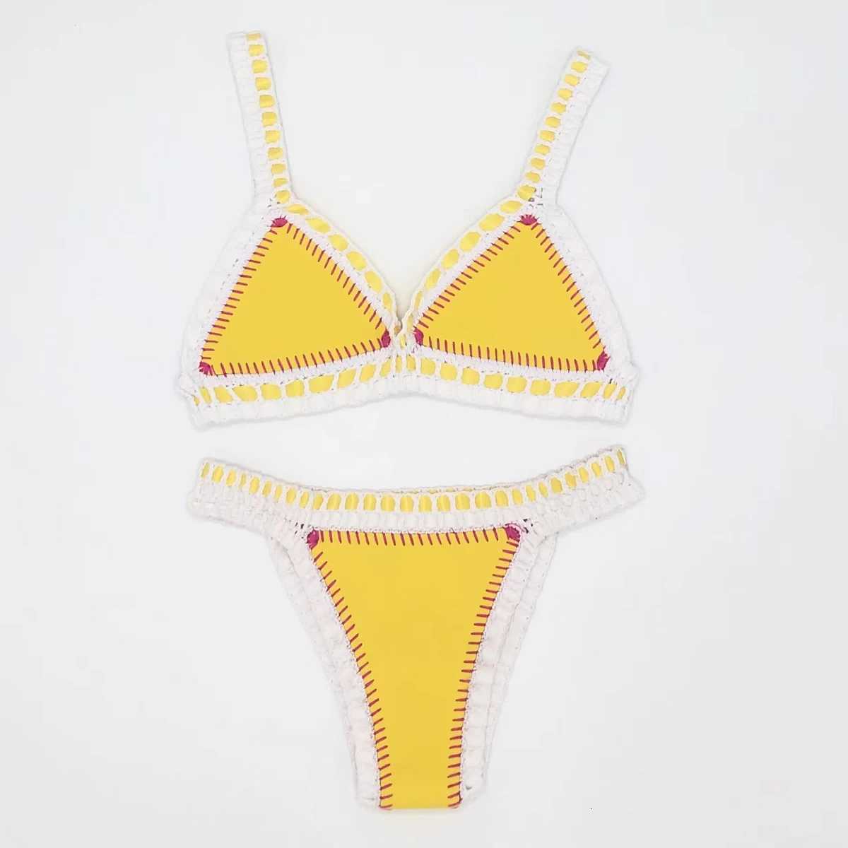 Women Sexy Swimsuit Blue Neoprene Crochet Elastic Bikini Sets Back Buckle Tankini Yellow Swimwear X260507