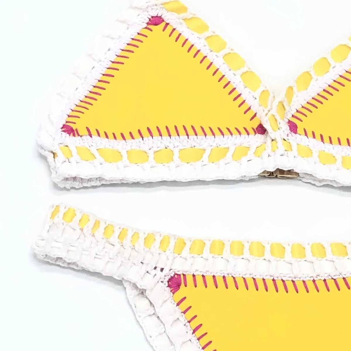 Women Sexy Swimsuit Blue Neoprene Crochet Elastic Bikini Sets Back Buckle Tankini Yellow Swimwear X260507