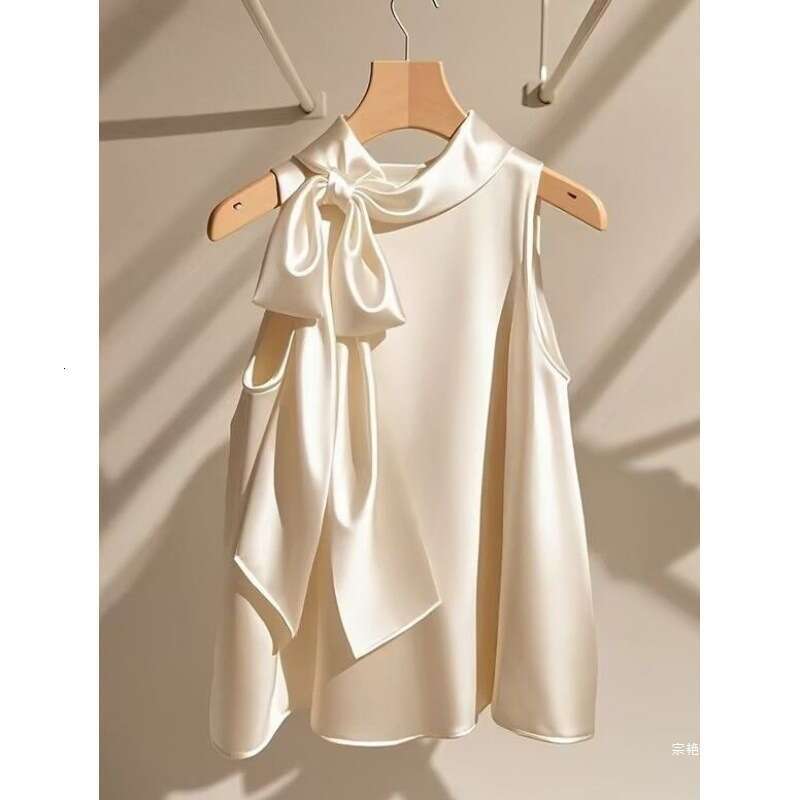 Designer 2026 French Champagne White Satin Halter Neck Top For Women, Summer Luxury New Loose Bowknot Shirt, Stylish Youthful Thin Blouse Free Shippin
