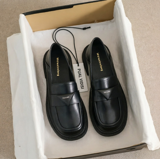 Womens Black Leather Loafers With Triangle Metal Logo And Chunky Sole