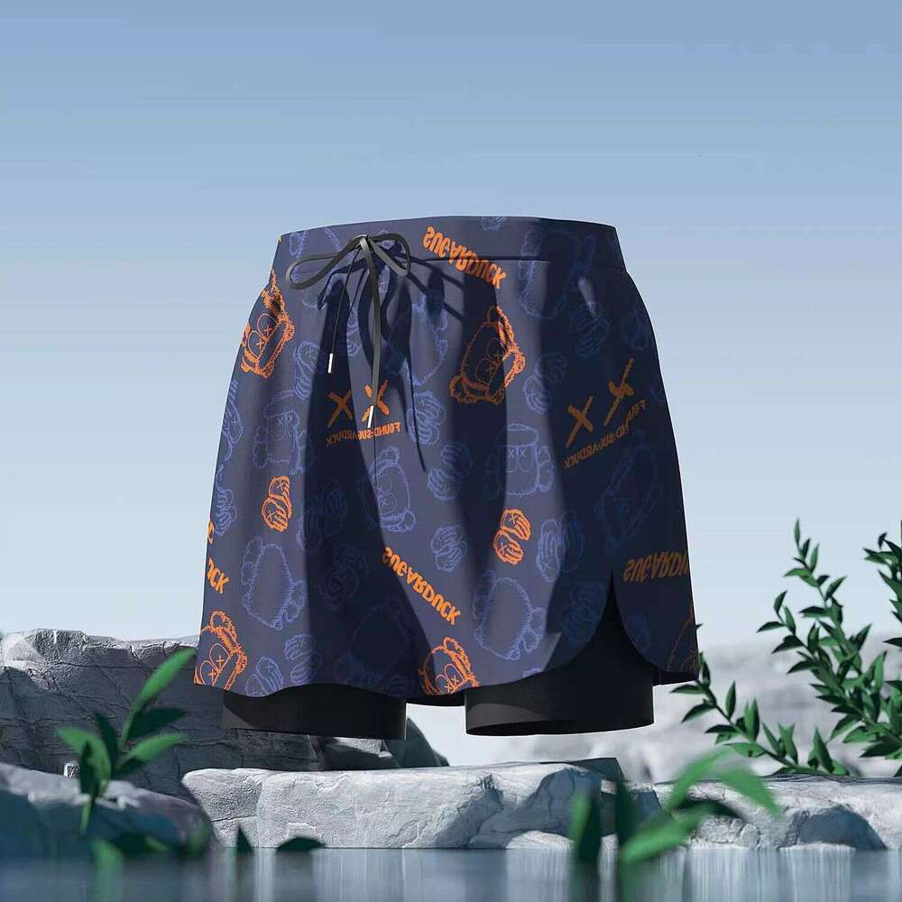 Double Layer Swimming Trunks for Men, Anti-Embarrassment, Three-Quarter Length, Adult Quick-Dry, Breathable, Elastic, Loose Fit, Swimming Sports Beach