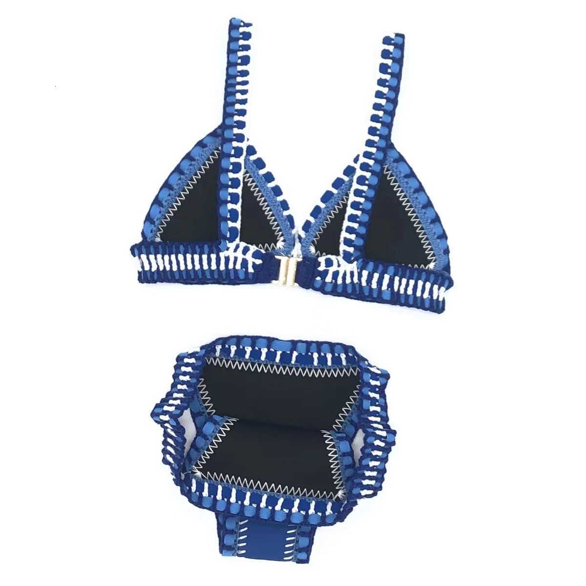 Women Sexy Swimsuit Blue Neoprene Crochet Elastic Bikini Sets Back Buckle Tankini Yellow Swimwear X260507