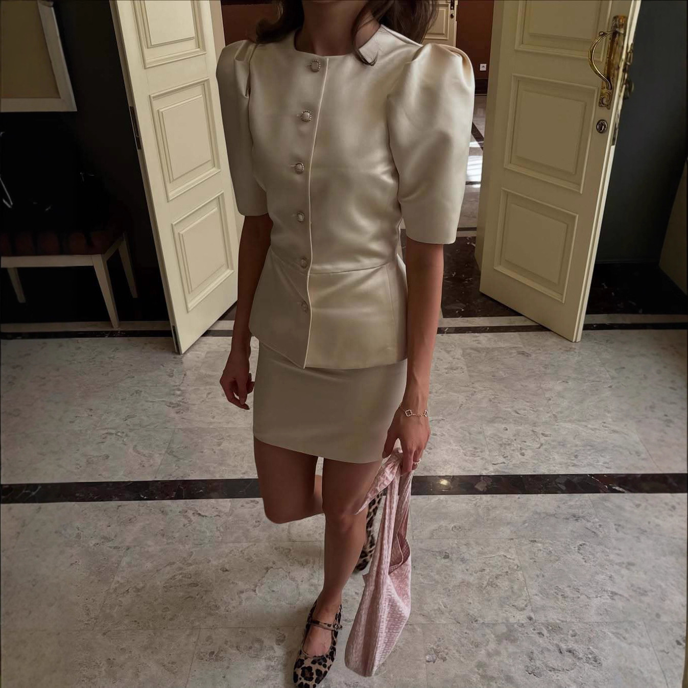 Elegant Satin Mini Skirt Set Women White Round Neck Short Sleeve Waist Cinching Blouse 2 Pieces Sets Lady Street Outfit 260410