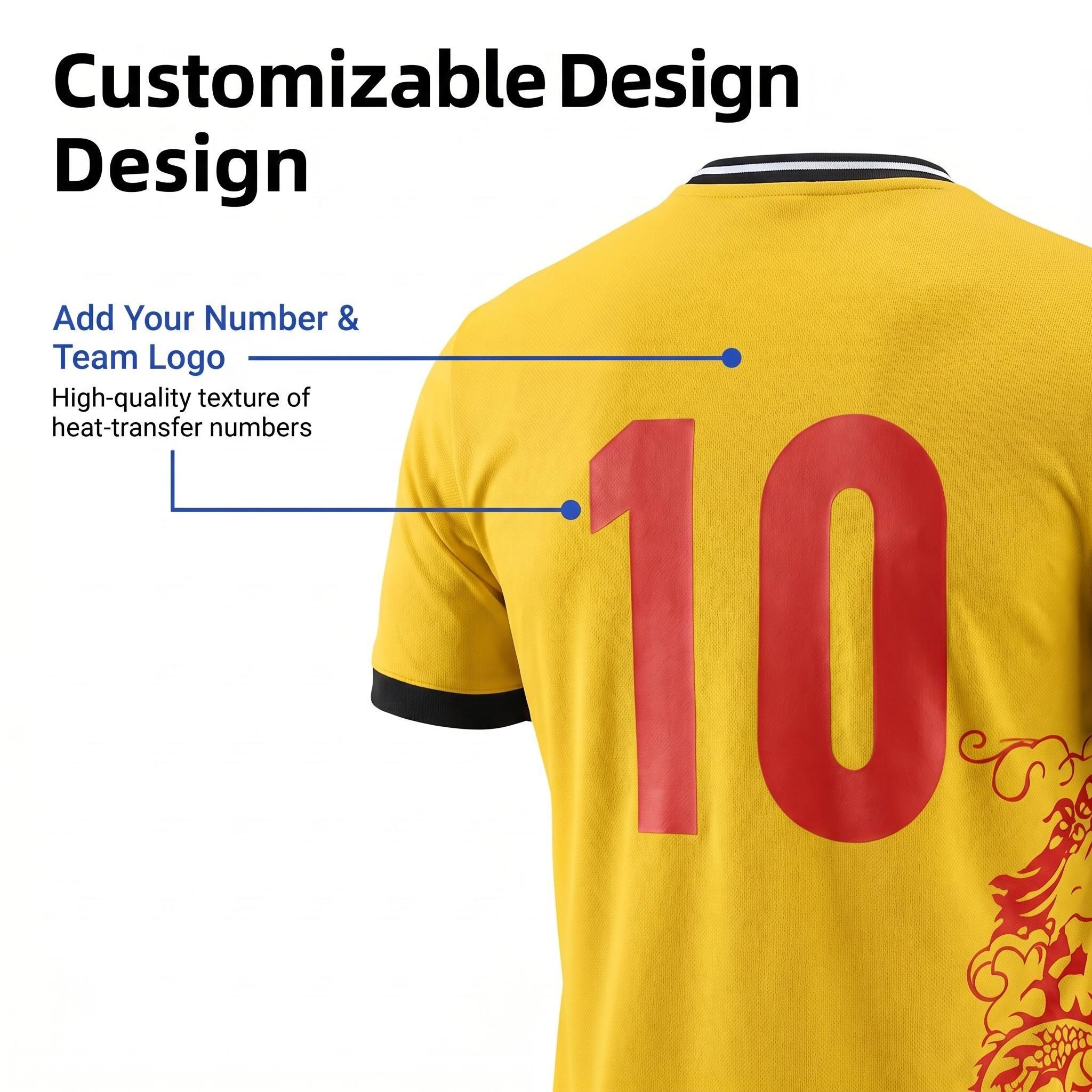Yellow Chinese Dragon Pattern Soccer Jersey Shorts Set Custom Name Number Breathable Quick Dry Football Training Uniform For Men Boys - view 5