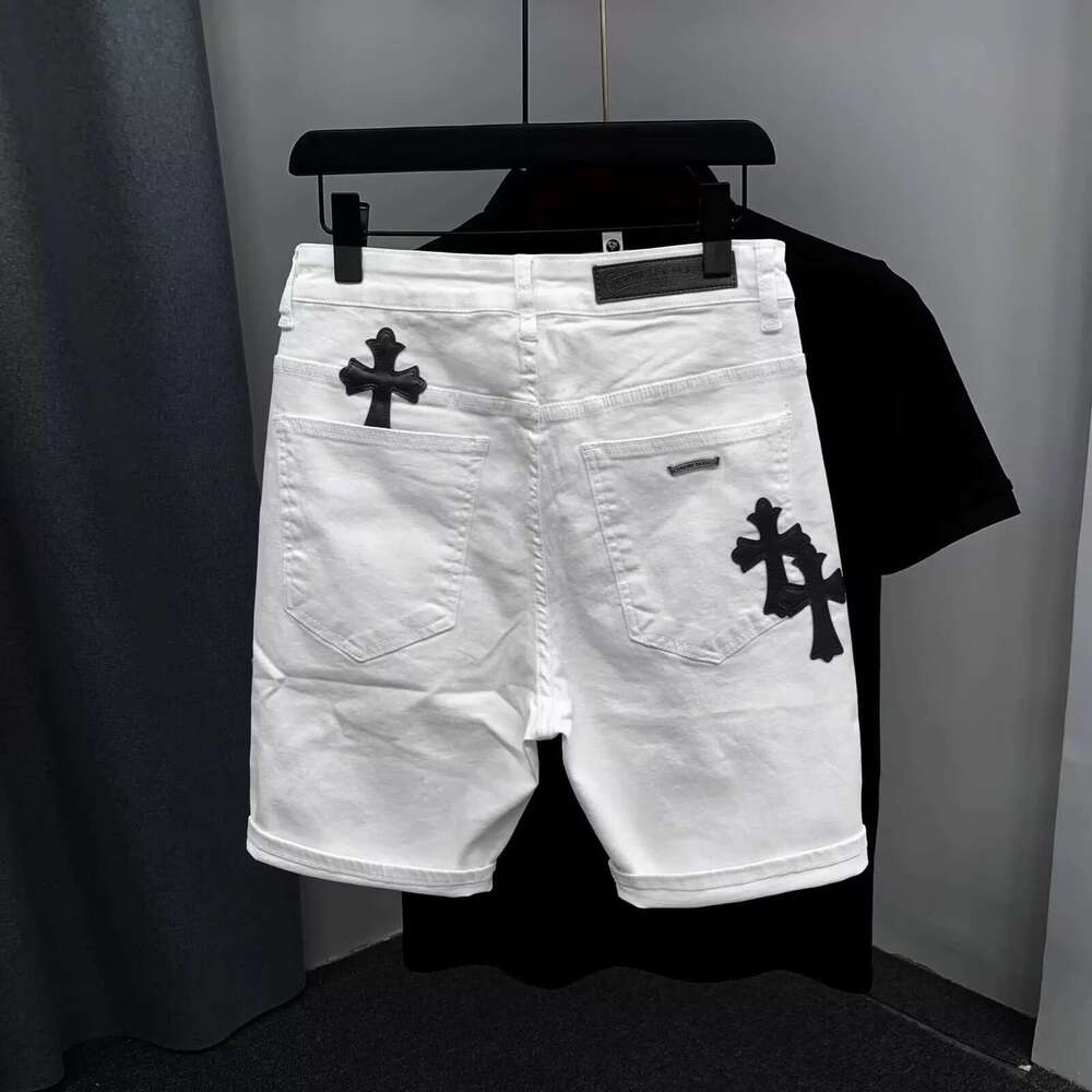 Designer 2026 Luxury Summer Trendy Brand Cross-pattern Leather Patchwork Denim For Young Men, New Slim Straight Elastic 5-point Shorts Free Shipping