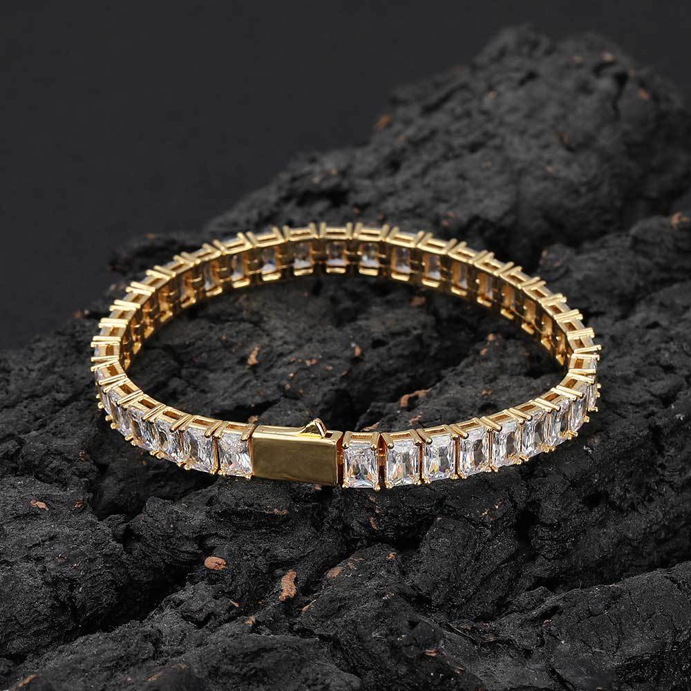 Hip Hop 6mm Square 5A Zircon Tennis Chain Necklace Bracelet 18k Gold Plated Jewelry Set