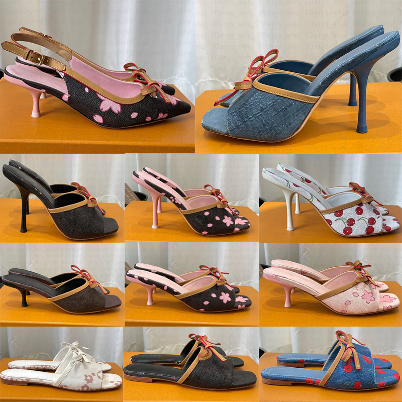Designer Kitten Heels Women Denim Heel TM 6AM Mule Pink Sandals High Leather Slippers Summer beach Fall Luxury Pumps Cute Lady Low Heeled Size 35