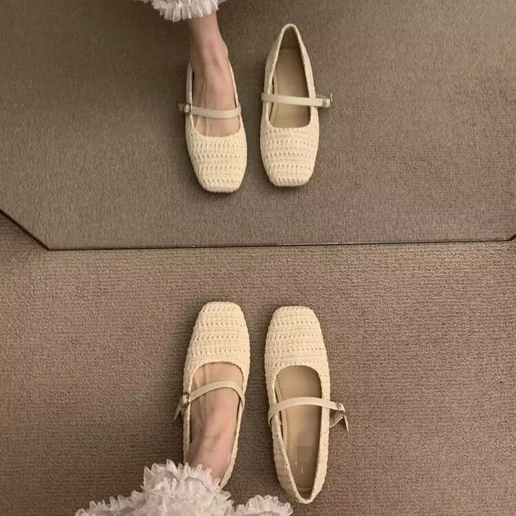 Braided Flat Ballet Shoes Square Toe Mary Jane Shoe Women Comfy Breathable Summer Casual Retro Skeleton Balleting Shoes 240921