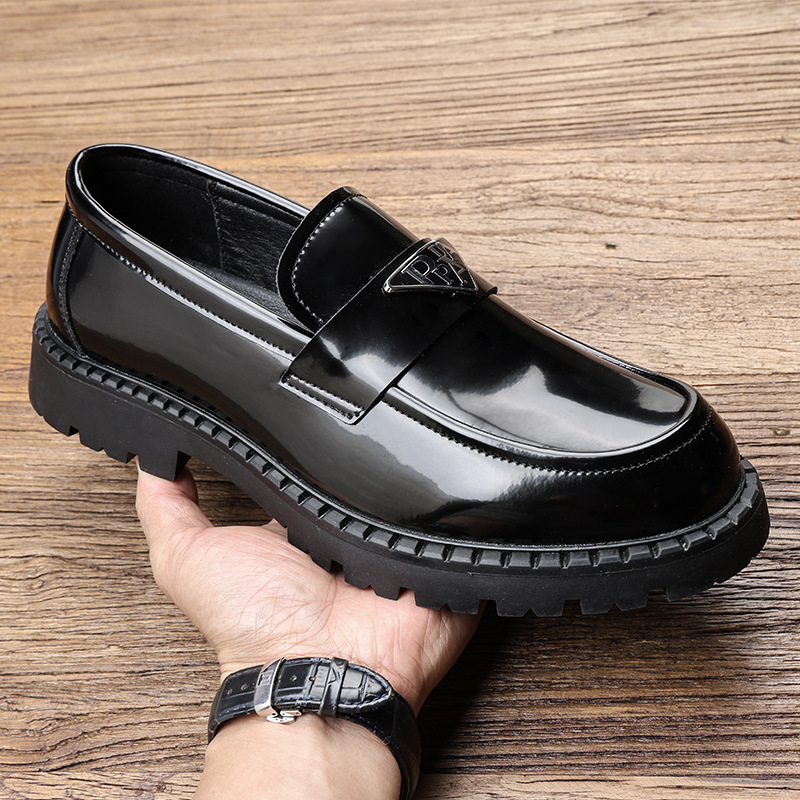 Mens Black Patent Leather Loafers With Triangle Logo Breathable And Chunky Sole